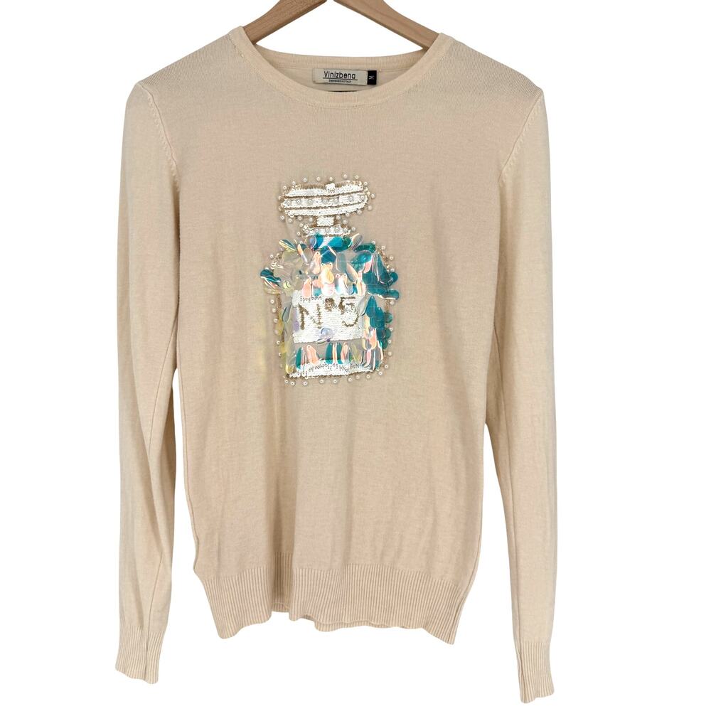 Vinizinena Cream Knit Sweater Chanel No 5 Perfume Bottle Sequin Beaded Sz M